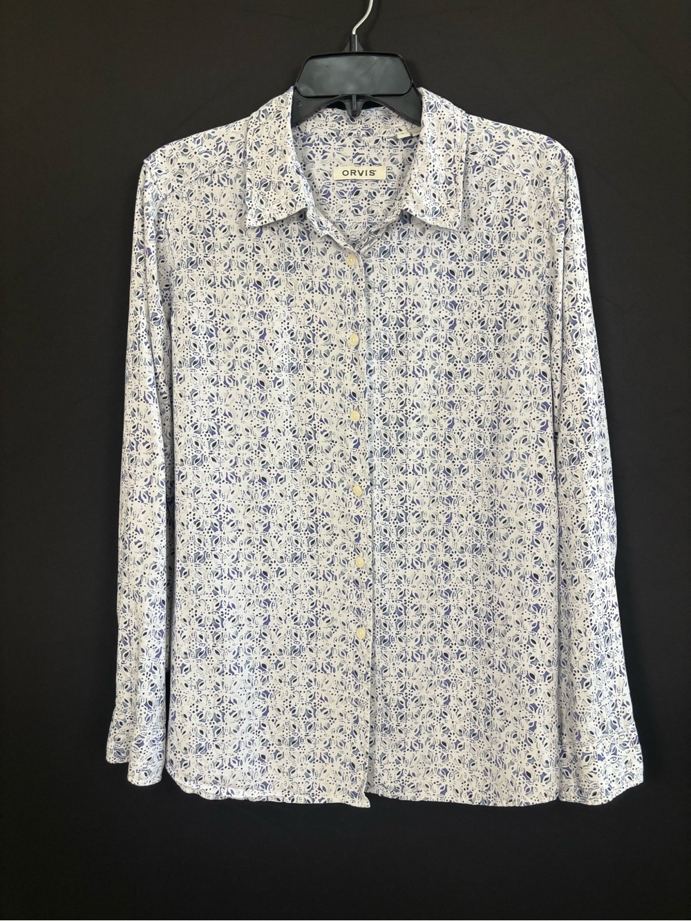 Orvis Women’s 100% Silk Blue White Floral Button Front Blouse Long Sleeve L